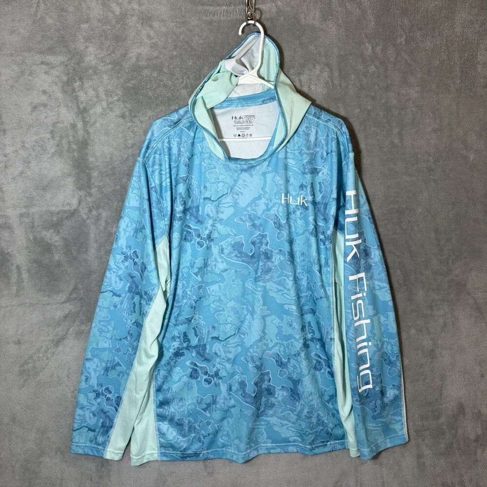 Huk Fishing Performance Hoodie Men 2XL Blue Teal Camo Long Sleeve Sun Shirt